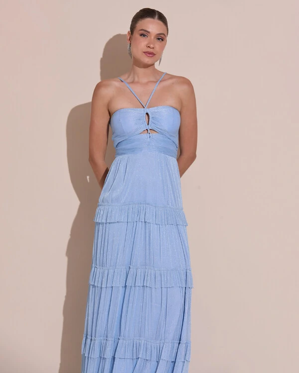 Vestido de Festa Longo Tule com Saia Babado Azul Serenity