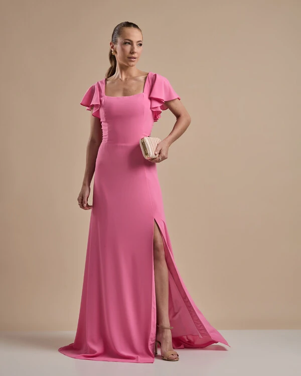 Vestido de Festa Longo Crepe Chiffon Manga Babado e Fenda Rosa