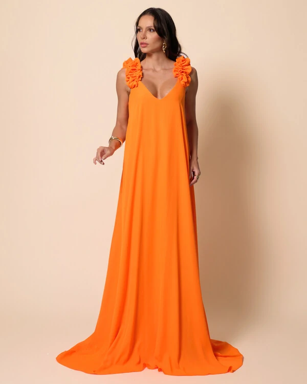 Vestido de Festa Longo Crepe Chiffon Fluido Decote em V Flores Laranja