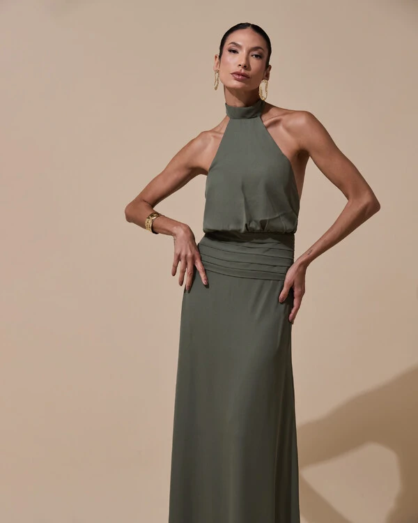 Vestido de Festa Longo Frente Única Busto Blousê Crepe Chiffon Drapeado Verde Oliva