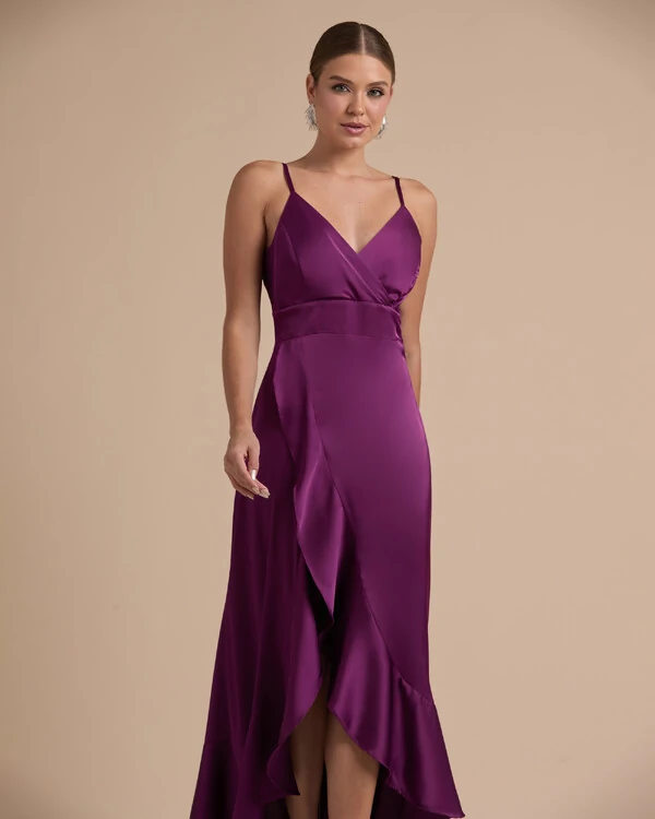 Vestido Midi Babado Acetinado Roxo