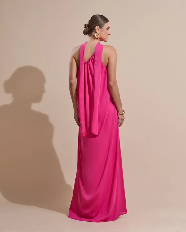 Vestido de Festa Longo Crepe Fluido um Ombro Só com Lenço Pink New