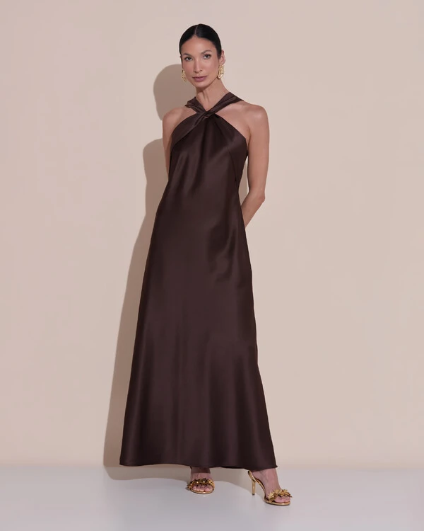 Vestido de Festa Midi Frente Única Cetim Marrom