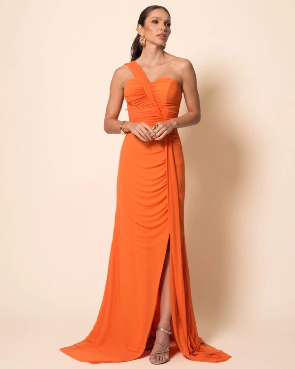 Vestido de Festa Longo Tule Tomara que Caia Faixa Detalhe Drapeado e Fenda Laranja