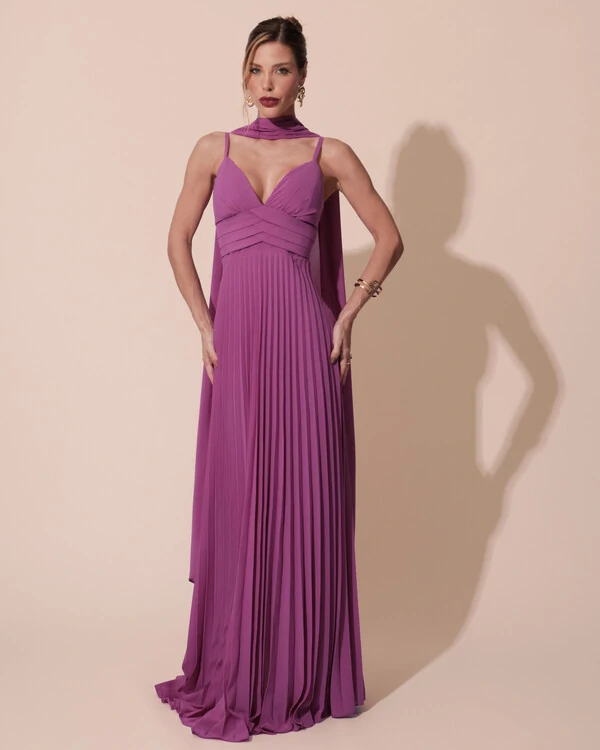 Vestido de Festa Longo Plissado Crepe Chiffon com Alça e Lenço Fucsia
