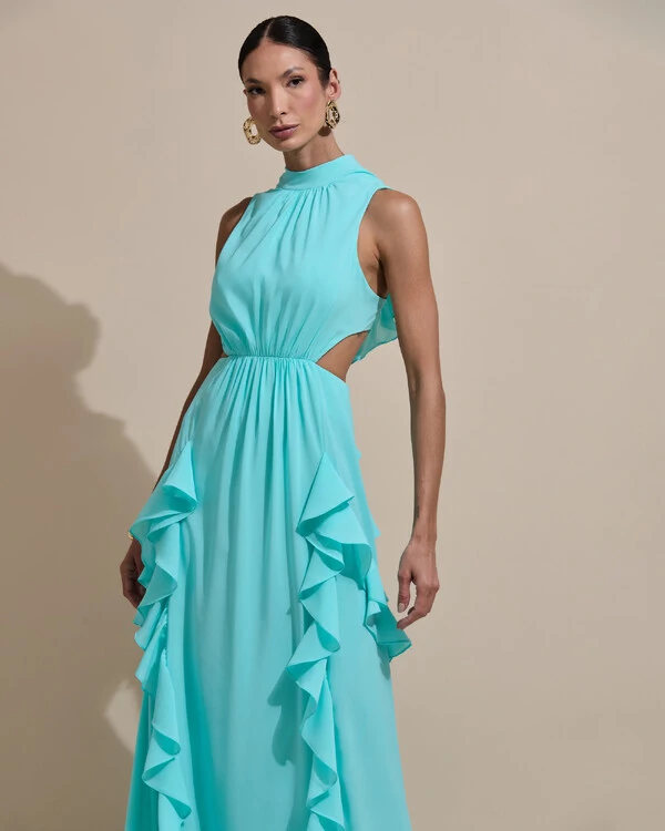 Vestido de Festa Longo Gola Alta Crepe Chiffon Recortes Babados Cascata Tiffany