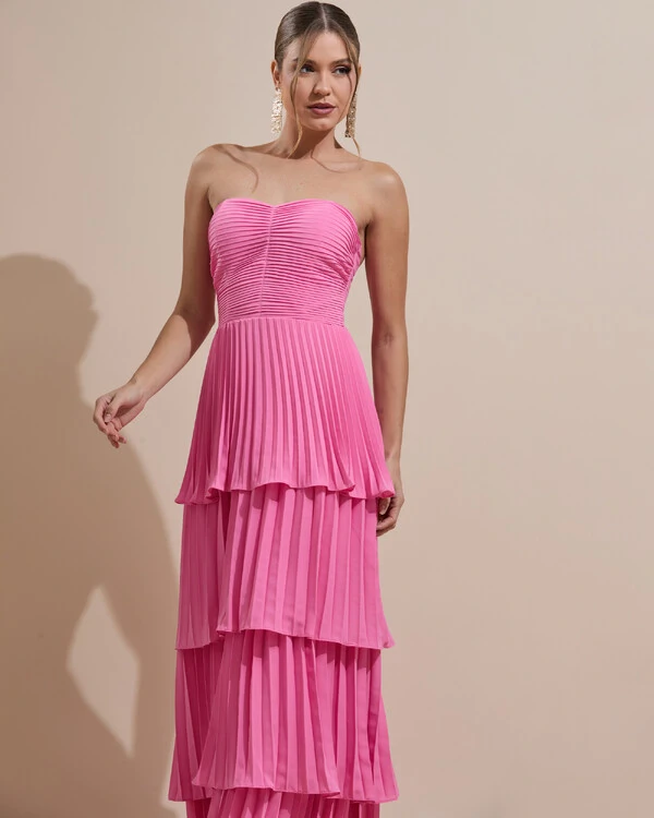 Vestido de Festa Longo Tomara que Caia Crepe Chiffon Plissado Camadas Rosa