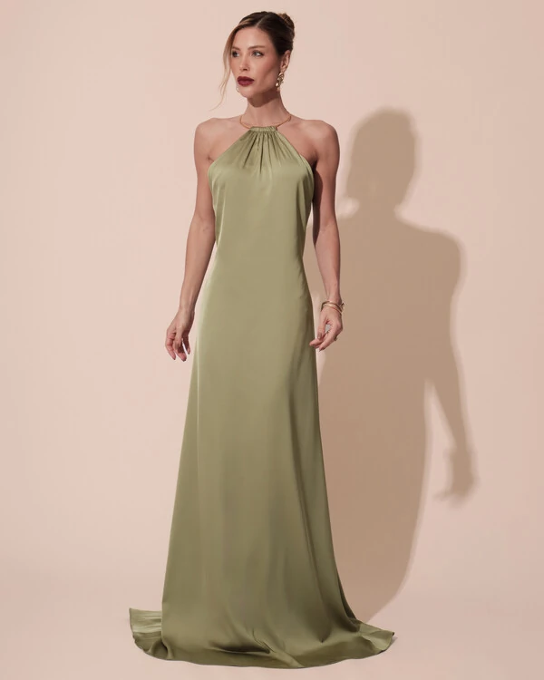 Vestido de Festa Longo Cetim Fluido com Argola Frente Única Verde Pistache