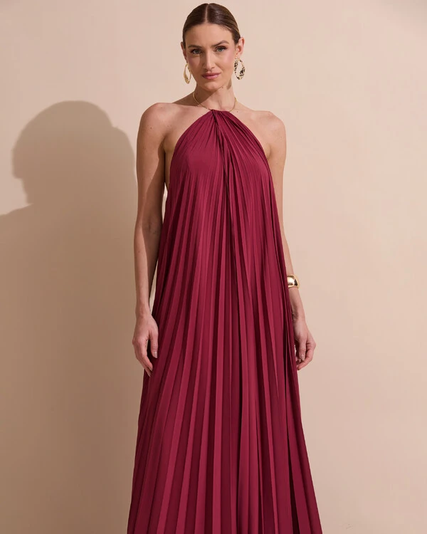 Vestido de Festa Longo Frente Única Plissado Crepe Chiffon Argola Marsala New