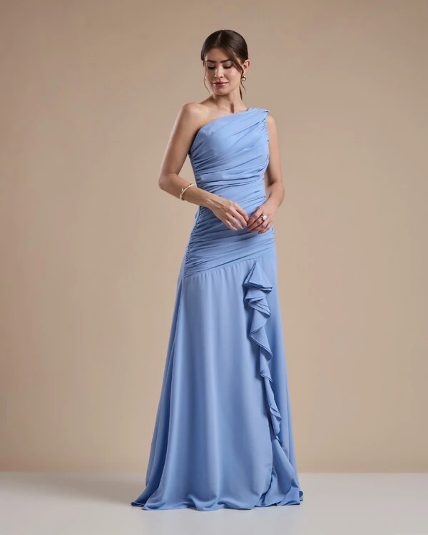Vestido de Festa Longo Crepe Chiffon Um Ombro Só Drapeado com Babado Cascata Serenity