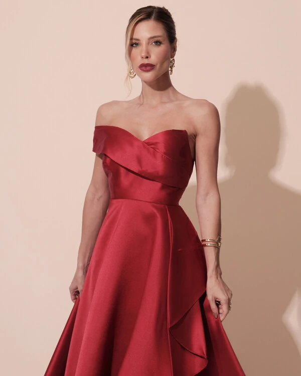 Vestido de Festa Longo Zibeline um Ombro Só Mullet Marsala