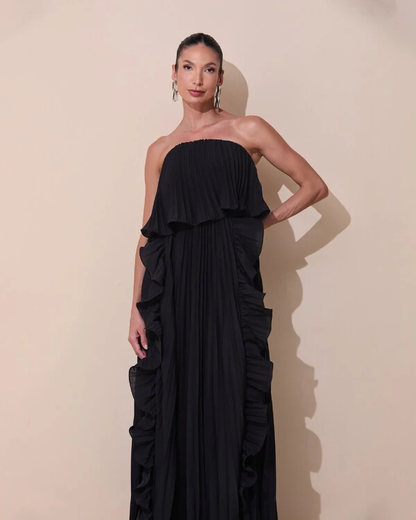 Vestido de Festa Longo Crepe Chiffon Tomara que Caia Plissado com Babado Cascata Preto
