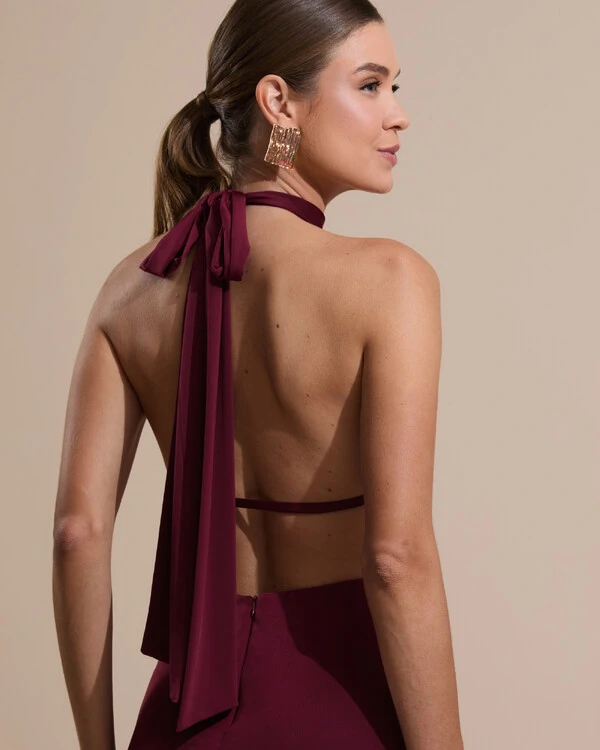 Vestido de Festa Longo Malha Jersey Gola Alta Saia Sereia Marsala