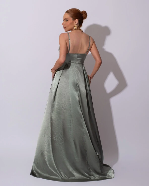 Vestido de Festa Longo Cetim Decote em V e Fenda Verde Menta