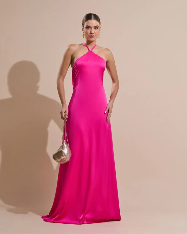 Vestido Longo de Cetim com Decote Triangular e Amarração nas Costas Degagê Pink