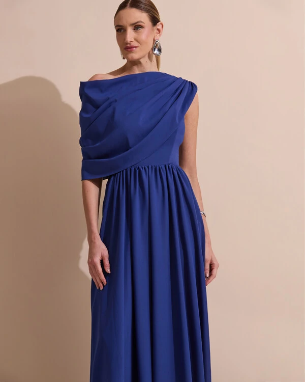 Vestido de Festa Longo Um Ombro Só Crepe Chiffon Capa Drapeado Azul Marinho