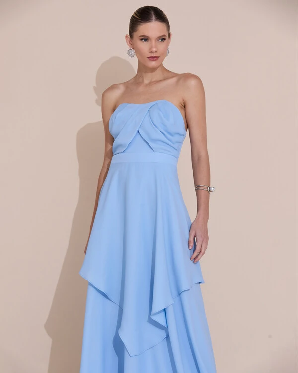 Vestido de Festa Longo Tomara que Caia Crepe Chiffon Drapeado Camadas Serenity