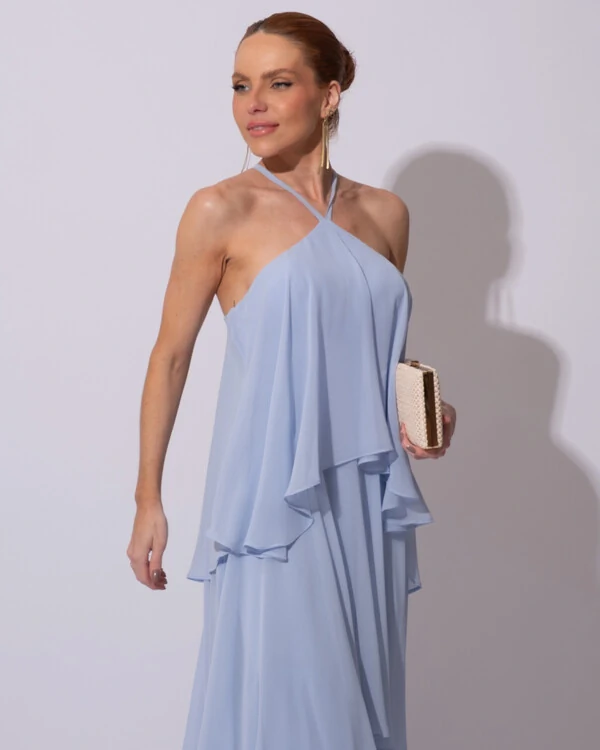 Vestido Longo Crepe Chiffon Babado em Camadas Serenity