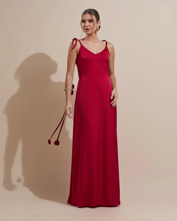 Vestido de Festa Longo Decote Degagê Costas Cetim Flores 3D Alças Marsala