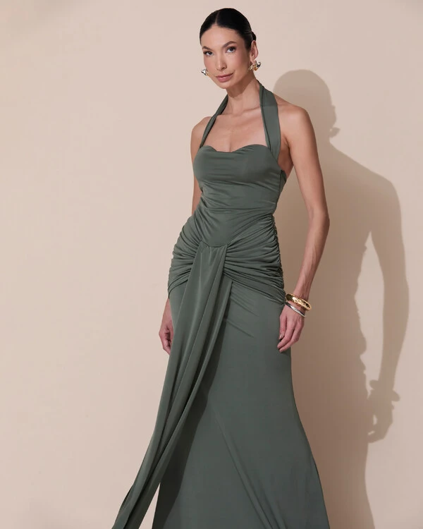 Vestido de Festa Longo Decote Coração Malha Jersey Drapeado Costas Trançada Verde Oliva