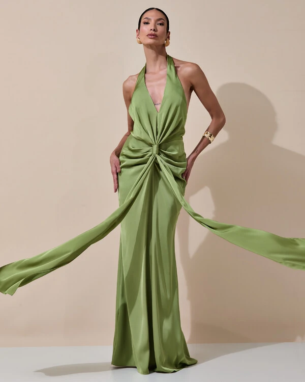 Vestido de Festa Longo Frente Única Decote V Cetim Drapeado Faixa Verde Pistache