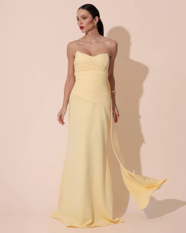 Vestido de Festa Longo Alfaiataria Tomara que Caia Drapeado Faixa Amarelo Manteiga