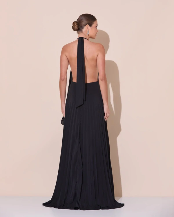 Vestidos de Festa Longo Chiffon Fluido Frente Única Plissado Duplo Preto