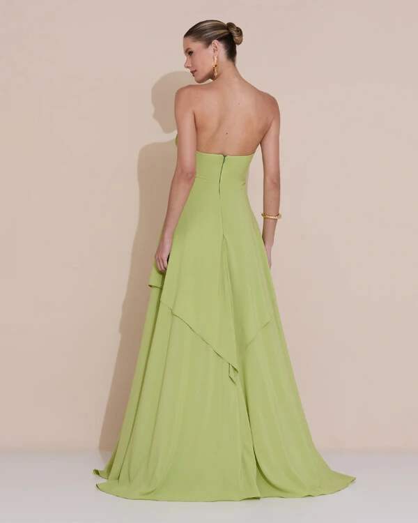 Vestido de Festa Longo Tomara que Caia Crepe Chiffon Drapeado Camadas Verde Claro