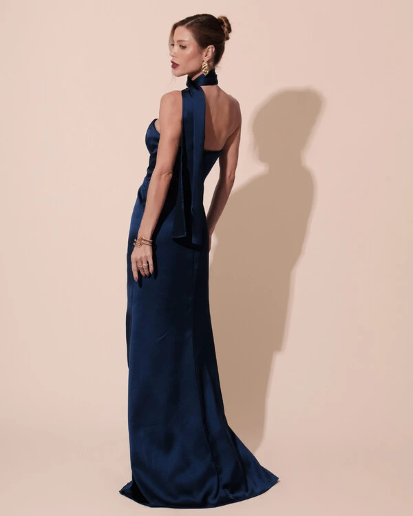 Vestido de Festa Longo Cetim Alfaiataria Tomara que Caia com Faixa Lenço Azul Marinho