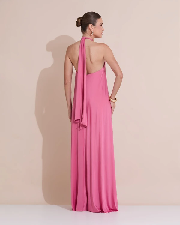 Vestido Longo com Amarração em Malha Rosa
