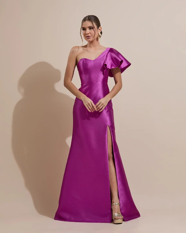 Vestido de Festa Longo um Ombro Tomara que Caia Zibeline Fúcsia