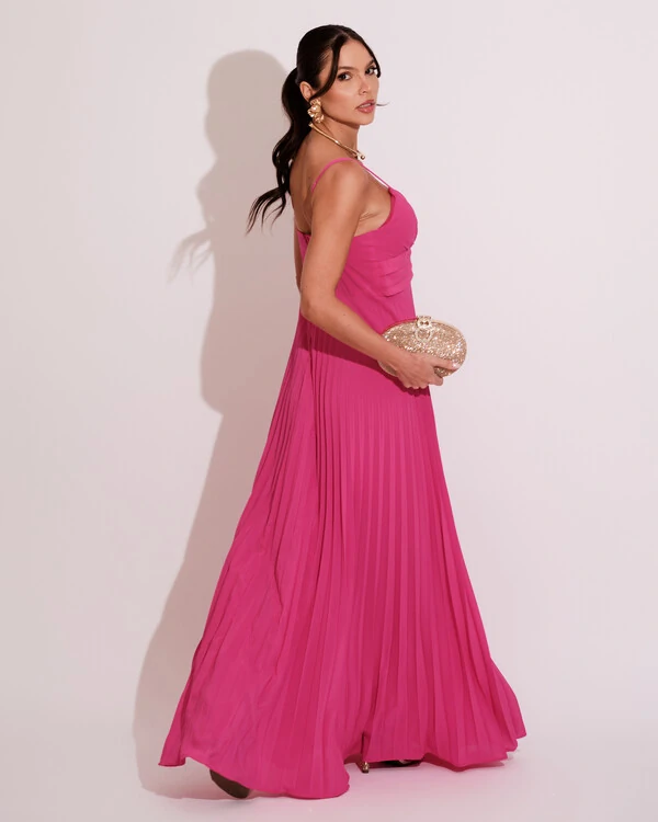 Vestido de Festa Longo Plissado Crepe Chiffon com Alça Hot Pink