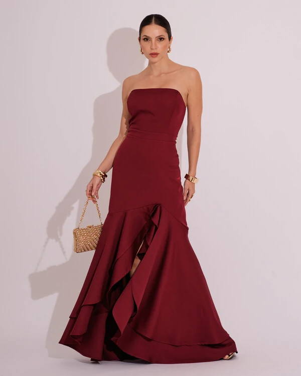 Vestido Longo com Fenda de Babados Alfaiataria Marsala Escuro
