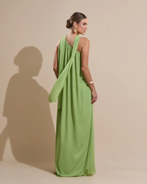 Vestido de Festa Longo Crepe Fluido um Ombro Só com Lenço Verde Garden