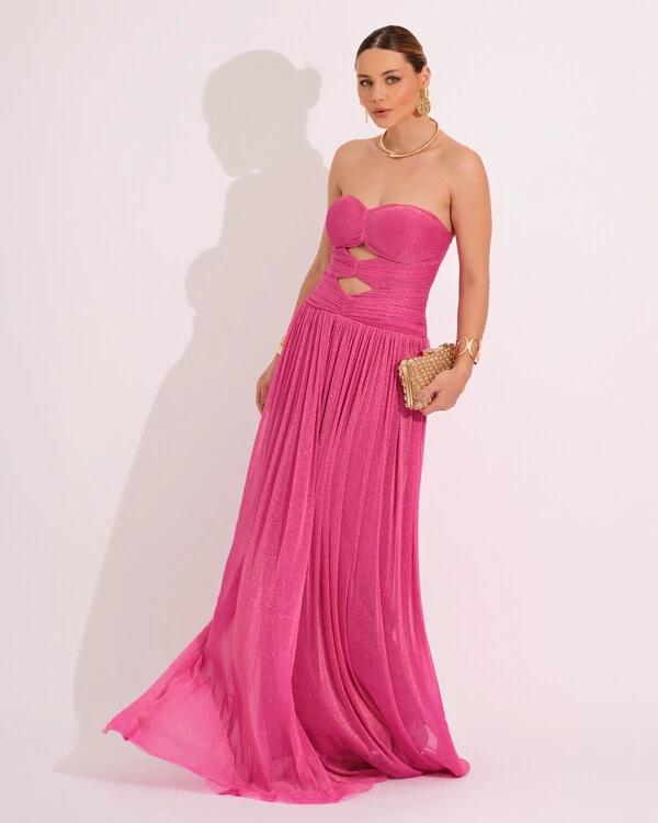 Vestido de Festa Longo Tule Brilho Tomara que Caia Recortes Pink