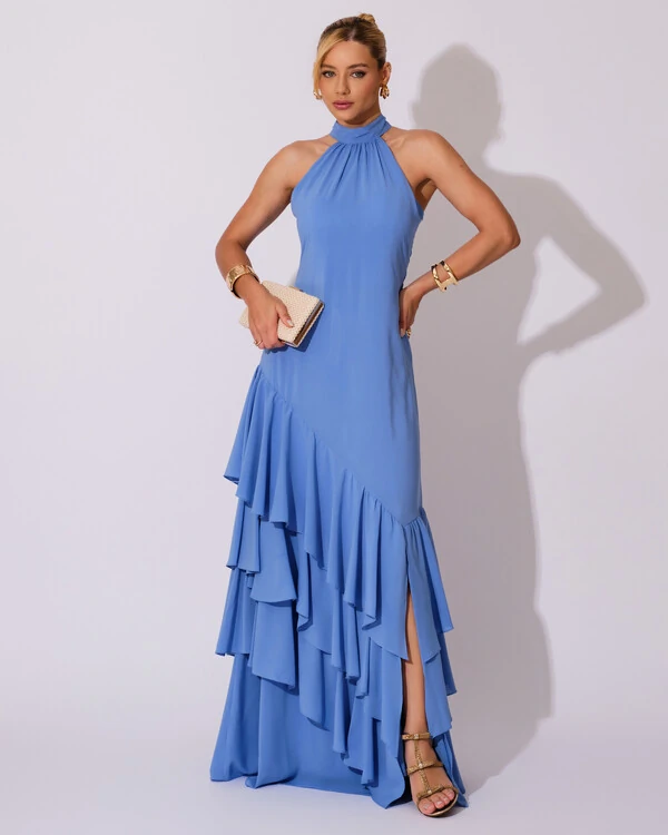 Vestido de Festa Longo Chiffon Crepe Gola Alta Babados Serenity