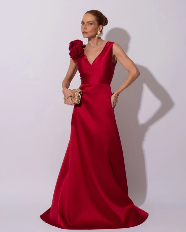 Vestido de Festa longo Zibeline Decote em V com Flores Removivel Marsala