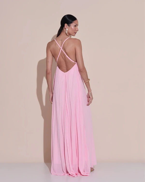 Vestido de Festa Longo Plissado Crepe Chiffon Decote V Alças Finas Rosa Claro