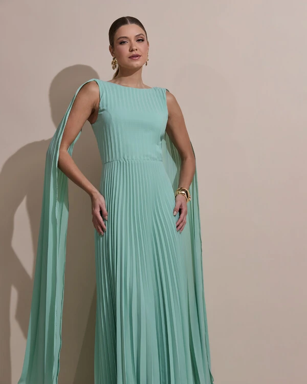 Vestido de Festa Longo Crepe Chiffon Plissado com Lenço nas Alças Verde Menta