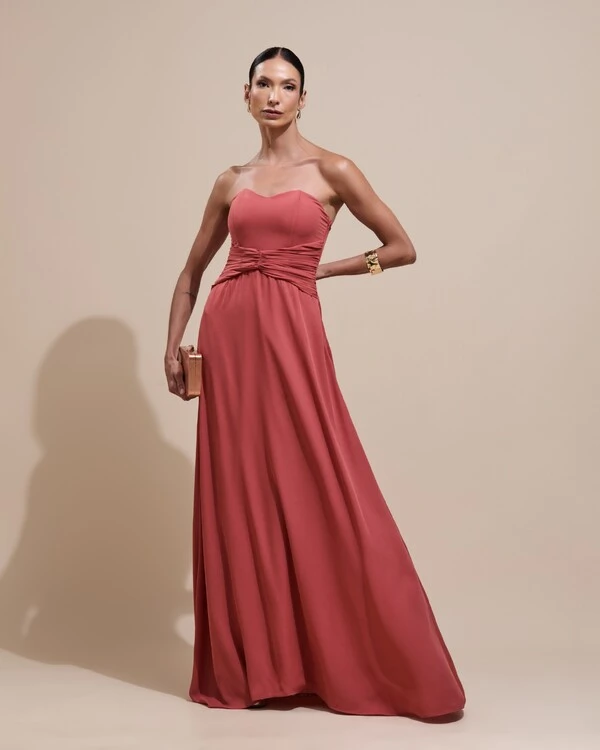Vestido de Festa Longo Tomara Que Caia Crepe Chiffon Drapeado Capa Terracota