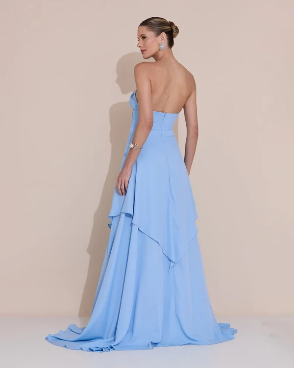 Vestido de Festa Longo Tomara que Caia Crepe Chiffon Drapeado Camadas Serenity