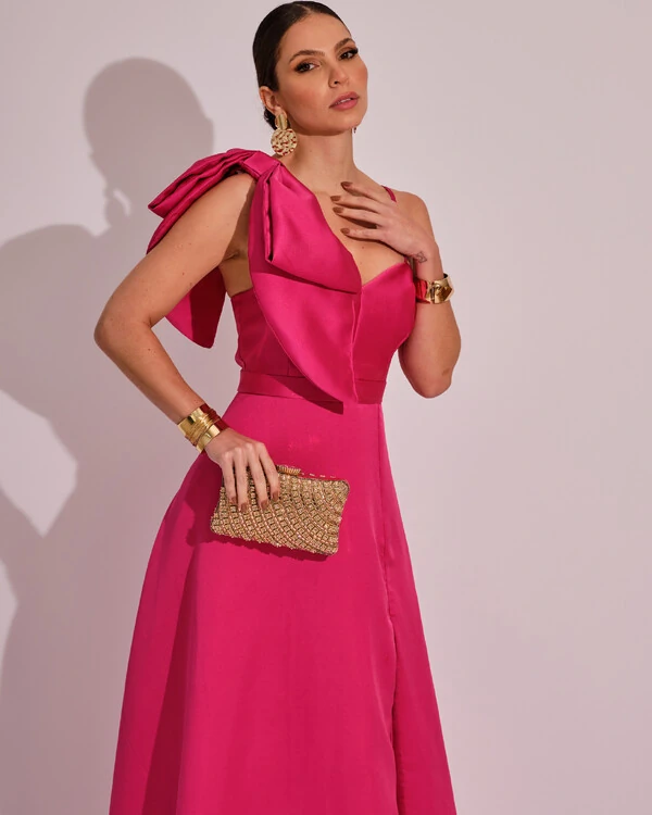 Vestido de Festa Longo em Zibeline com Laço Removível Pink