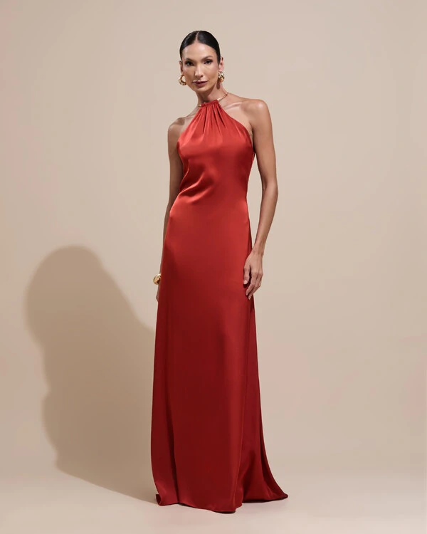 Vestido de Festa Longo Cetim Fluido com Argola Frente Única Terracota