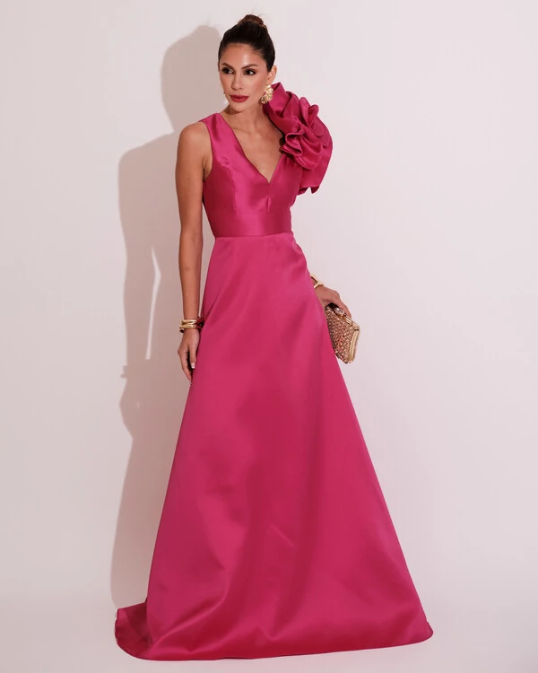 Vestido de Festa longo Zibeline Flor Pink