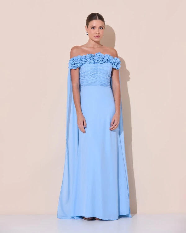 Vestido de Festa Longo Ombro a Ombro Plissado Crepe Chiffon Capa Flor 3D Serenity
