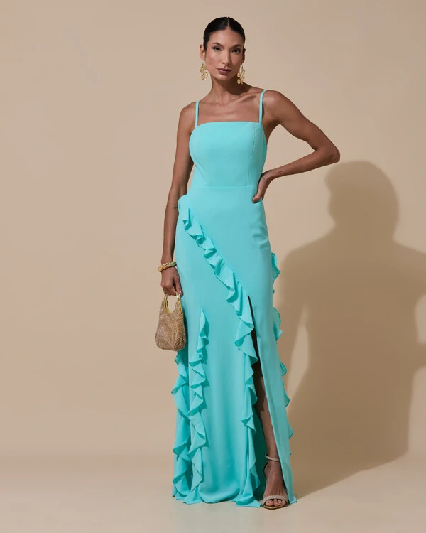 Vestido de Festa Longo Alças Finas Crepe Chiffon Babado Cascata Fenda Costas V Tiffany