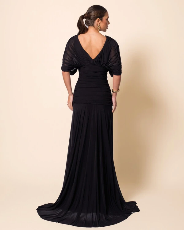 Vestido de Festa Longo Tule Manga Curta Drapeado Preto