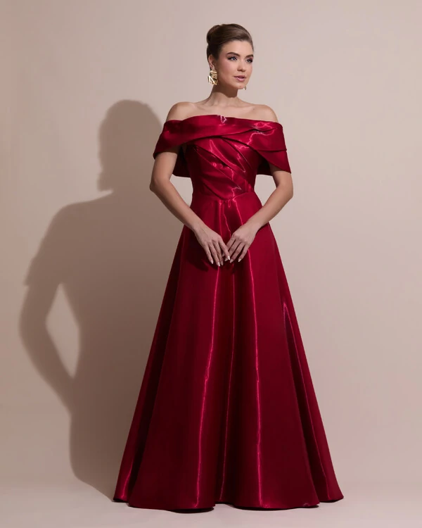 Vestido de Festa Longo Cetim Cristal Ombro a Ombro Drapeado Vermelho