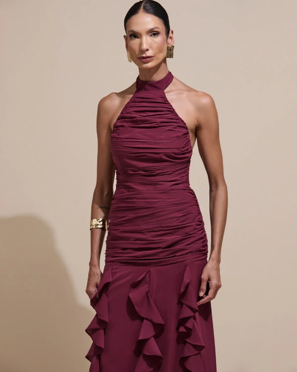 Vestido de Festa Longo Frente Única Crepe Chiffon Drapeado Babados Cascata Marsala