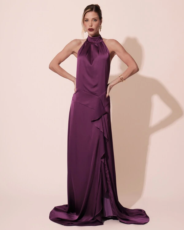 Vestido Longo de Festa Cetim Fluido Gola Alta e Babado Cascata Roxo